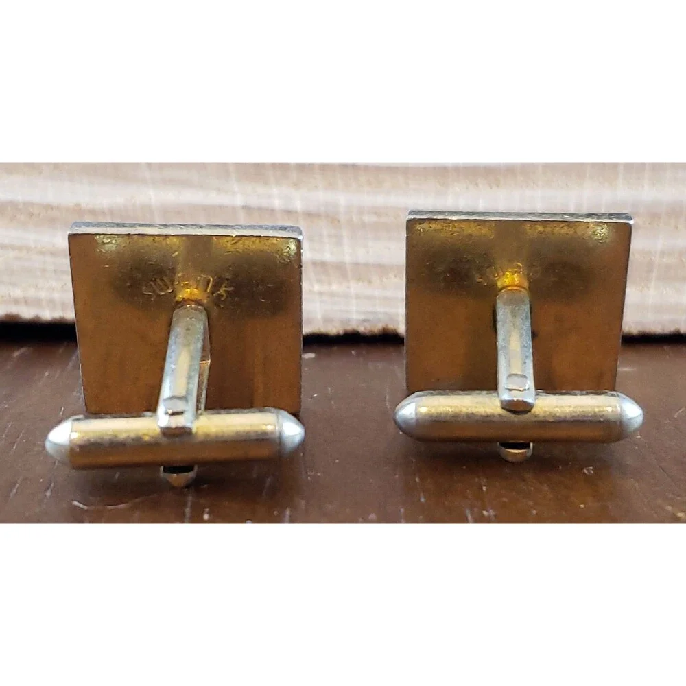 Vtg Swank Gold Brown Striations Stone Mounted, Gold Tone Metal Square Cuff Links